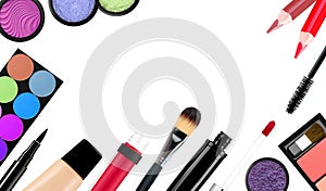 Makeup brush and cosmetics, on a white background isolated