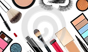 Makeup brush and cosmetics, on a white background isolated