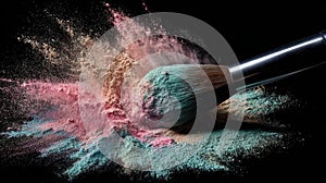 Makeup brush exploding with pastel powder colors