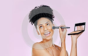 Makeup brush, foundation and studio face of happy woman with tools for skincare shine, powder application or makeover