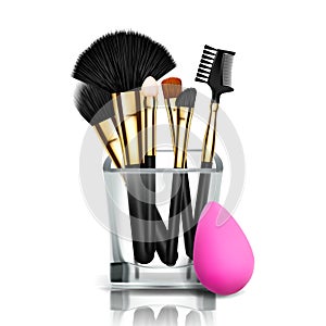 Makeup Brush Holder Vector. Glass Cup. Female Application. Equipment Collection. Beautiful Complexion. Accessory