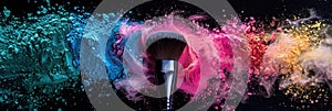 A makeup brush is in the middle of a colorful explosion of powder