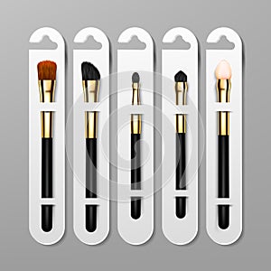 Makeup Brush Packaging Design Vector. Female Application. Equipment Collection. Beautiful Complexion. Professional Woman