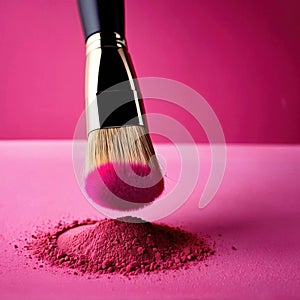 Makeup brush on pink make up powder, cosmetic facial rouge blusher