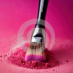 Makeup brush on pink make up powder, cosmetic facial rouge blusher