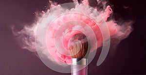 Makeup brush with pink powder explosion - AI generated image
