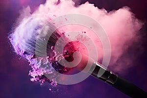 Makeup brush with pink powder explosion on black background, close up