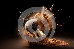 Makeup brush with the powder explode in dark background