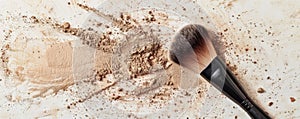 Makeup brush with scattered beige powder on white background photo