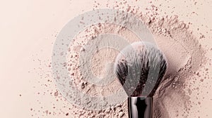 Makeup brush with scattered powder on a beige background photo
