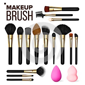 Makeup Brush Set Vector. Cosmetic Beauty Tools. Professional Woman Facial Equipment. Female Accessory. Realistic