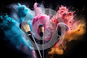 Makeup brushes on background with colorful powder. Make-up background