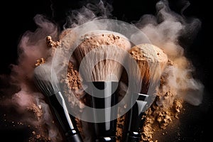 Makeup brushes on background with colorful powder. Make-up background