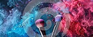 Makeup brushes with blue and pink powder explosion photo