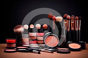 makeup brushes, blushes, and powders on a wooden table