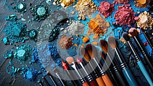 Makeup brushes on a canvas of colorful cosmetic powders.