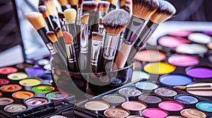Makeup brushes and colored eye shadows and cosmetics