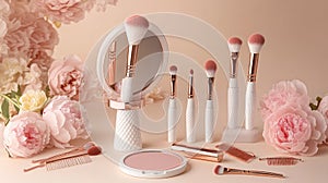 Elegant Makeup Brushes Collection with Mirror, Blush, and Peonies