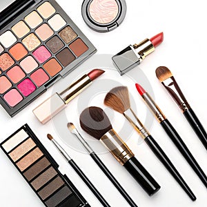 Makeup Brushes and Cosmetics isolated on white background