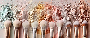 Makeup brushes with cream-colored handles on a gradient of crushed powders from pastel to vibrant hues, suitable for