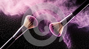 Makeup brushes creating a cloud of pink powder