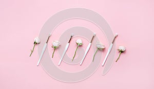 Makeup brushes and flowerss on white background. Horizontal view copyspace