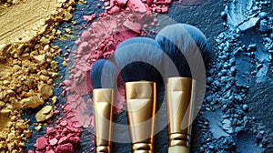 Makeup brushes with golden and blue crushed powders.
