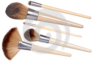 Makeup brushes isolated. Collage set of five new wooden professional make up brushes isolated on a white background. Concept