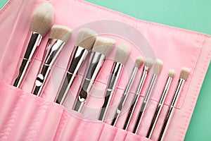 Makeup brushes in pink cosmetic bag. Macro photo