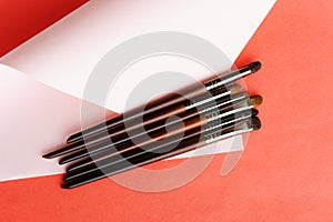 Makeup brushes on pink and red. Beauty concept