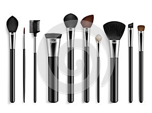 Makeup brushes. Realistic professional visagiste tools. Isolated 3D accessories for cosmetics. Powder and foundation