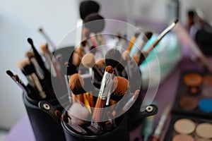 Makeup brushes set in support