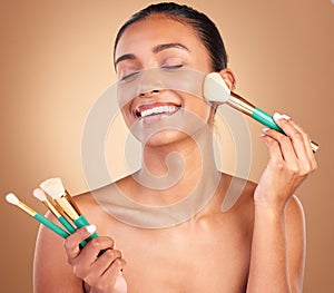 Makeup brushes, smile and woman with natural beauty, wellness and happiness from cosmetics. Facial skin glow, happy and