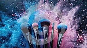 Makeup brushes with vibrant powder explosion.
