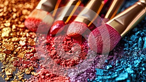 Makeup brushes with vibrant red, gold, and blue powders.