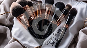 Elegant Makeup Brushes Set with Rose Gold Accents on Silk Fabric