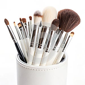 Makeup Brushes in White Holder isolated on white background