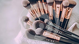 Set of Makeup Brushes on White Towel, Beauty and Cosmetics Tools