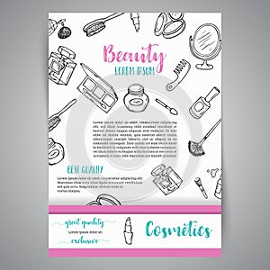 Makeup business broshure and banner. Cosmetics items. Advert for shop, beauty salon, flyer design, web template. Vector