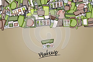 Makeup cartoon doodle backdrop design. Cute background concept for beauty greeting card, flyer, brochure.