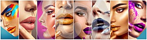 Makeup collage. Colorful lips, eyes, eyeshadows and nail art