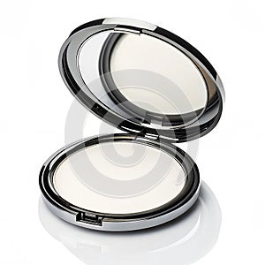 Makeup compact with mirror on white background