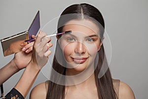 Makeup concept. Woman makeup artist applies make-up to a beautiful female model face