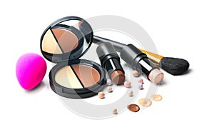 Makeup contour products, make up artist tools. Face contouring make-up. Highlight, shade, contour and blend. Trendy makeover