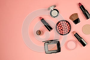 Makeup cosmetic  product flay lay on pink background. woman and girl  beauty concept .