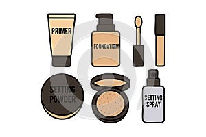 Makeup cosmetic products foundation primer setting powder and setting spray vector illustration flat design