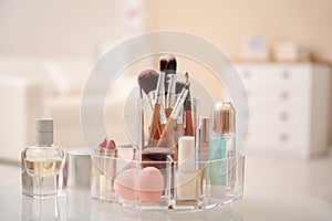 Makeup cosmetic products and tools in organizer