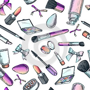 Makeup cosmetics and brushes. Vector seamless fashion pattern. Female beauty background. Sketch hand drawn illustration