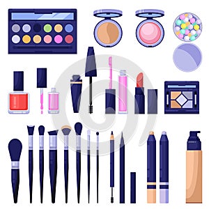 Makeup cosmetics colorful icons and design elements. Eyes, face, lips beauty and care products