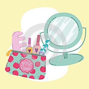 Makeup cosmetics product fashion beauty cosmetic bag and mirror manicure pedicure tools cartoon